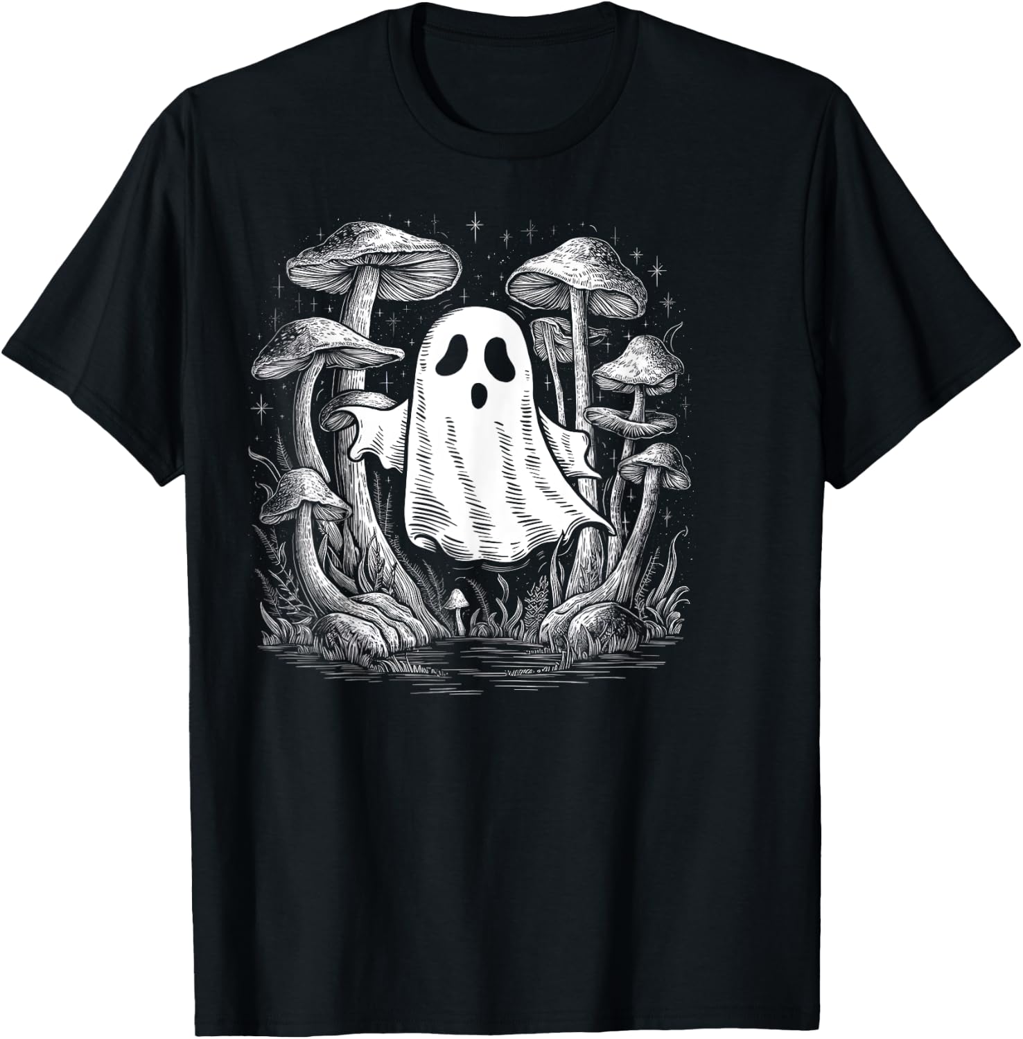 Spooky Ghost In Forest Of Mushrooms T-Shirt - T-Shirt | Black