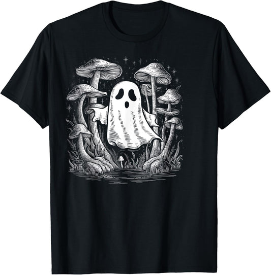 Spooky Ghost In Forest Of Mushrooms T-Shirt - T-Shirt | Black