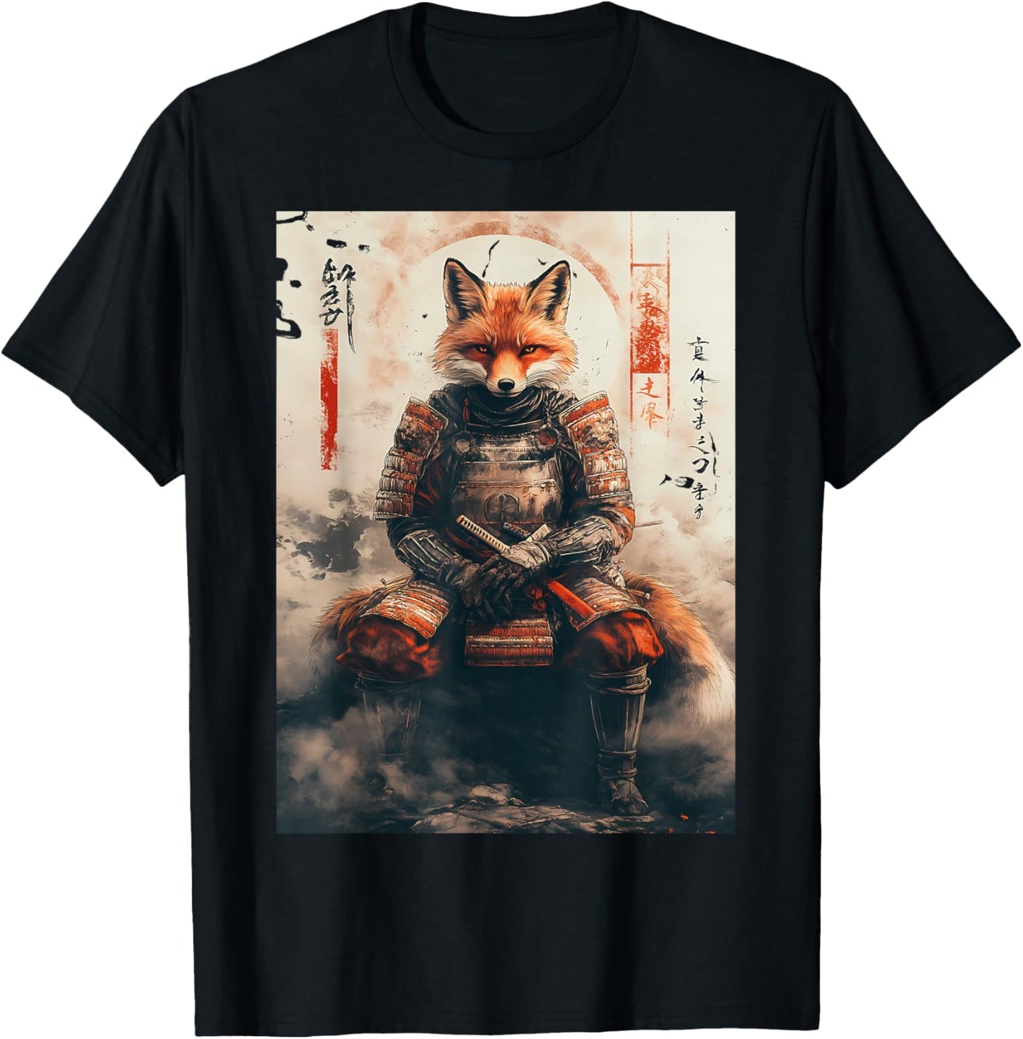 Ukiyo-e Japanese Woodblok Art Samurai Fox Warrior T-Shirt - T-Shirt | Black