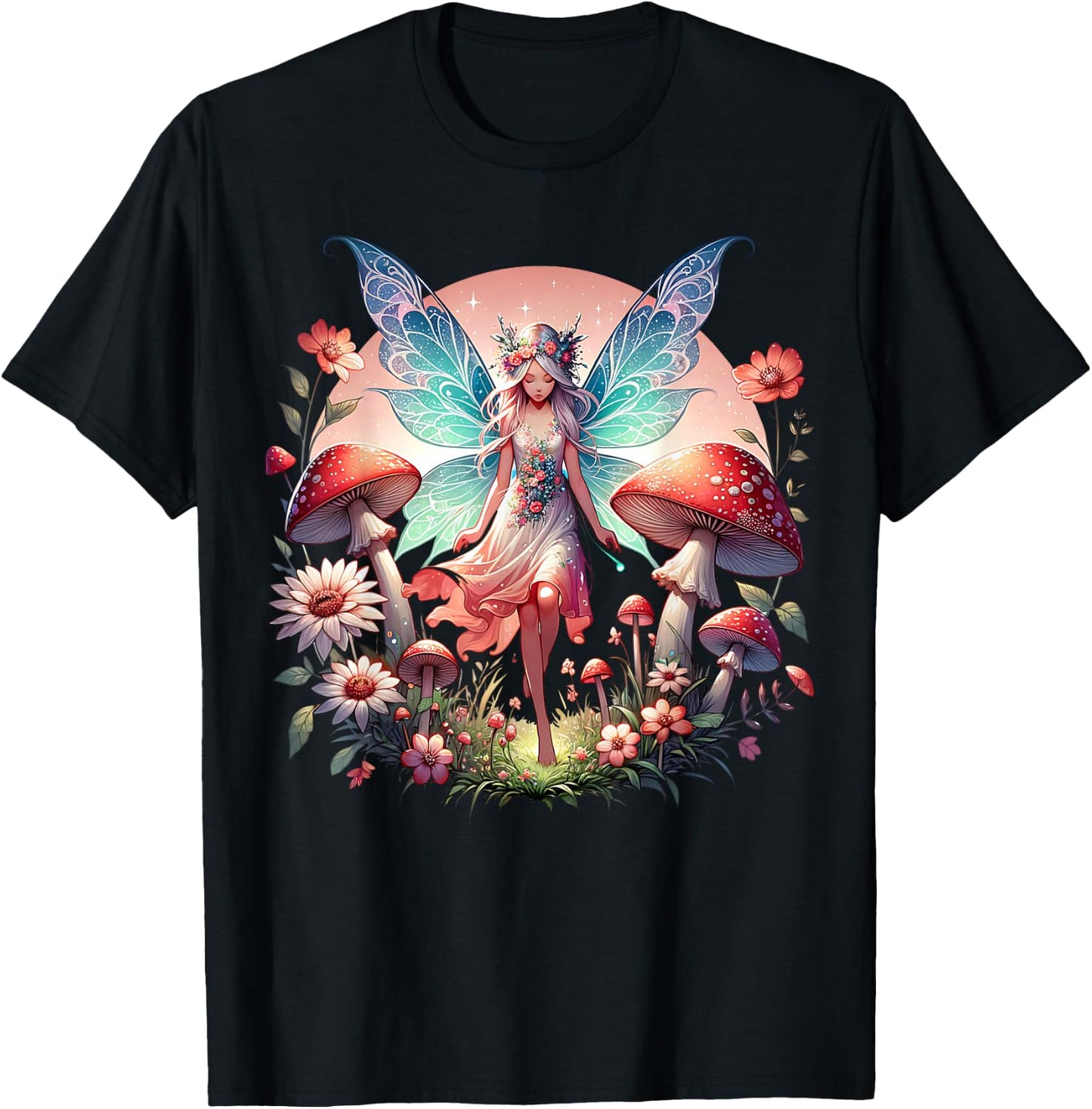 Enchanted Forest Fairy Fantasy Mystical Butterfly & Floral T-Shirt - T-Shirt | Black