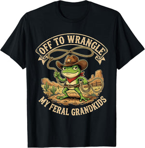 Off to Wrangler My Feral Grandkids Funny Cowboy Frog T-Shirt - T-Shirt | Black