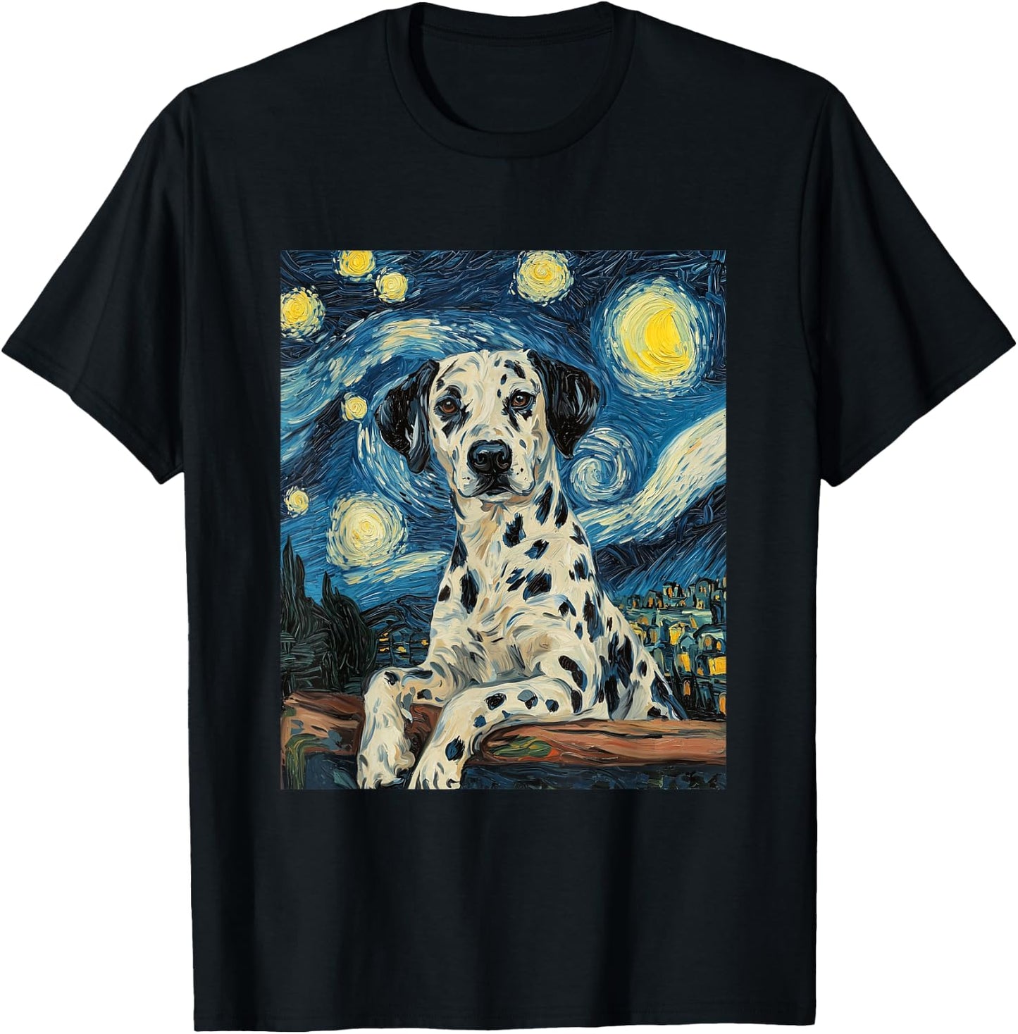Cute Dalmatian Dog Doggy - Van Gogh Style - Starry Night T-Shirt - T-Shirt | Black