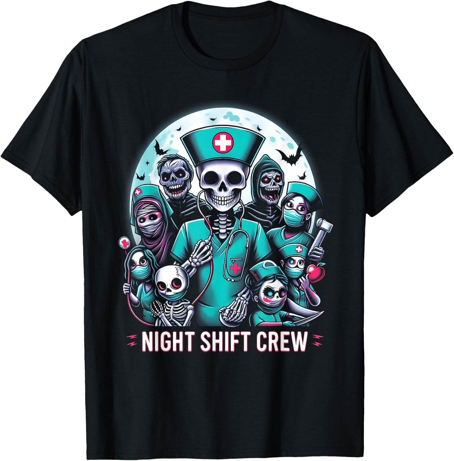 Night-Shift Crew Ghost Skeleton Zombie Funny Halloween Nurse T-Shirt - T-Shirt | Black