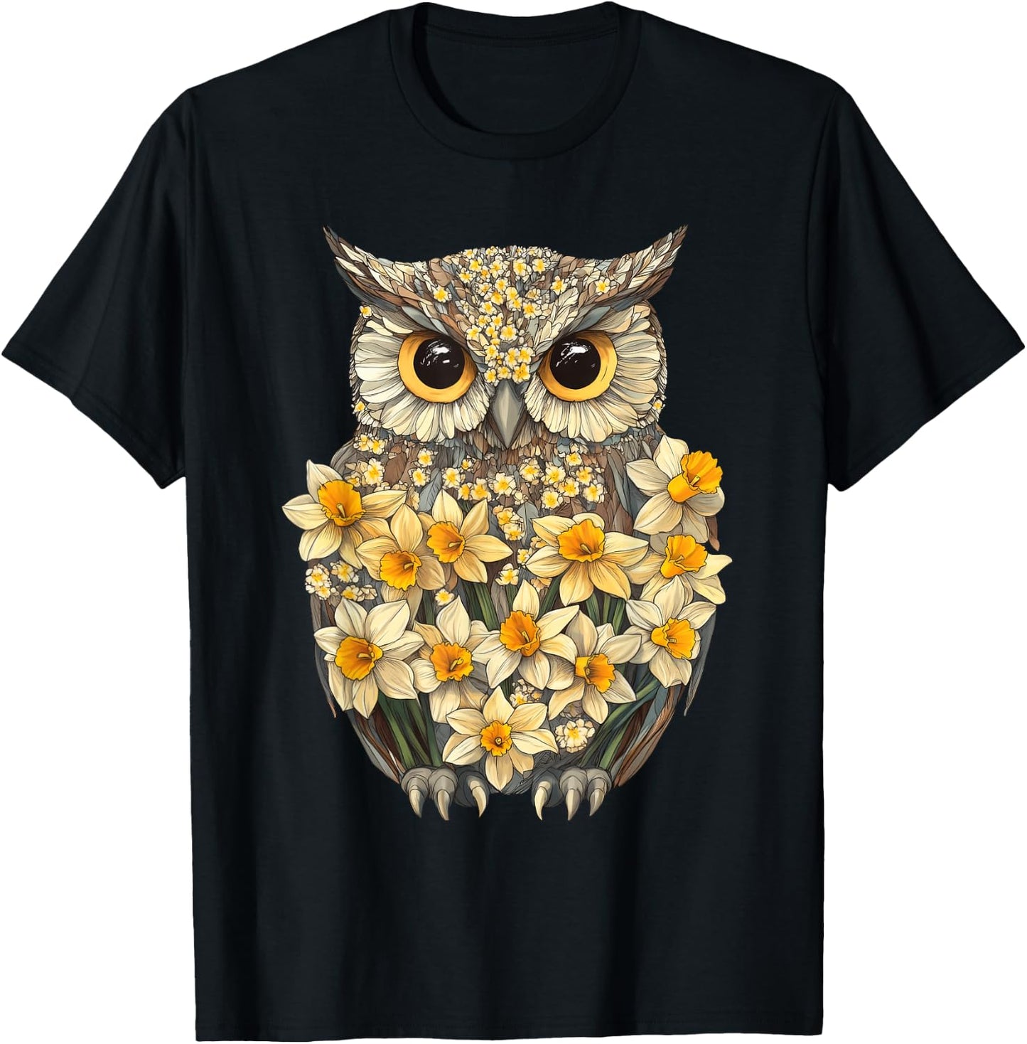 Daffodil Owl Flower Gardening Floral T-Shirt - T-Shirt | Black