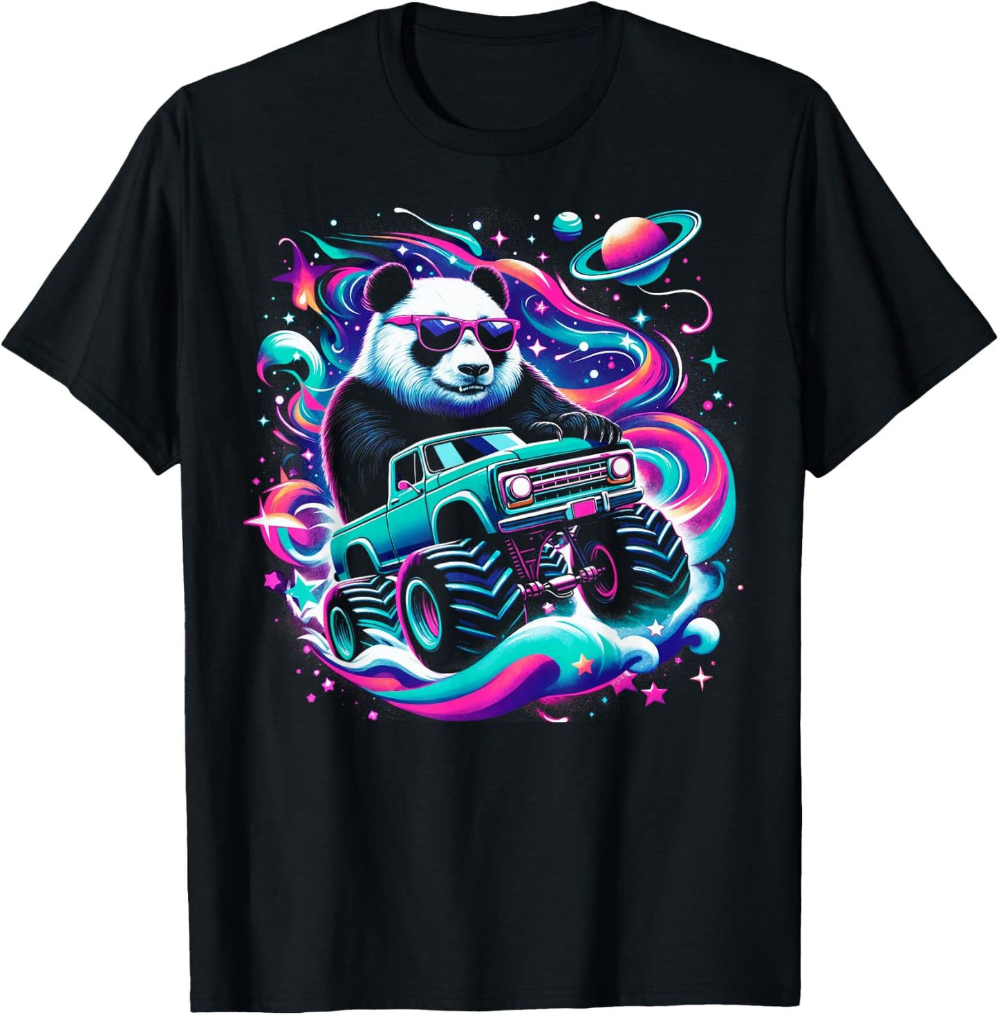 Cool Giant Panda Driving Monster Truck in Cosmic Space T-Shirt - T-Shirt | Black