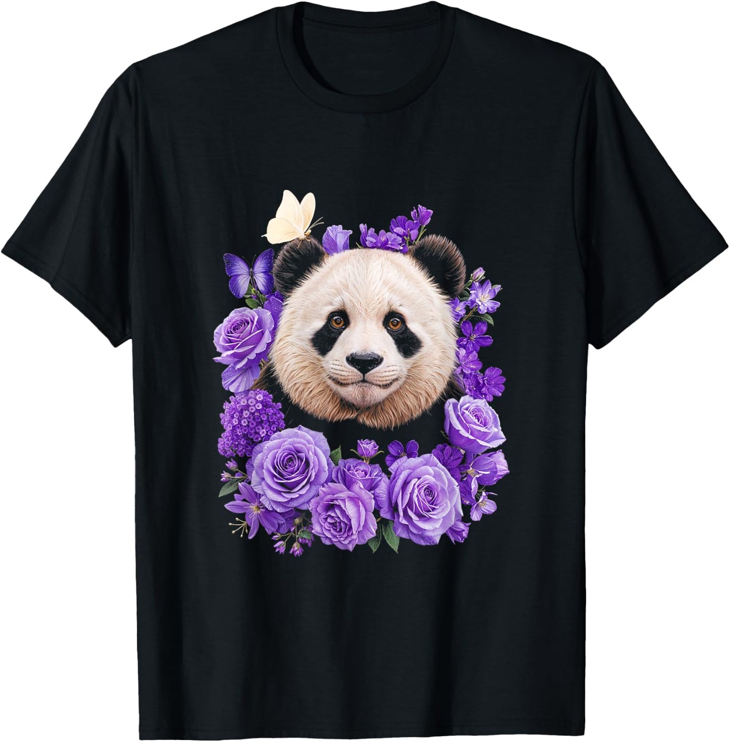 Panda Purple Flowers Animal Lovers T-Shirt - T-Shirt | Black