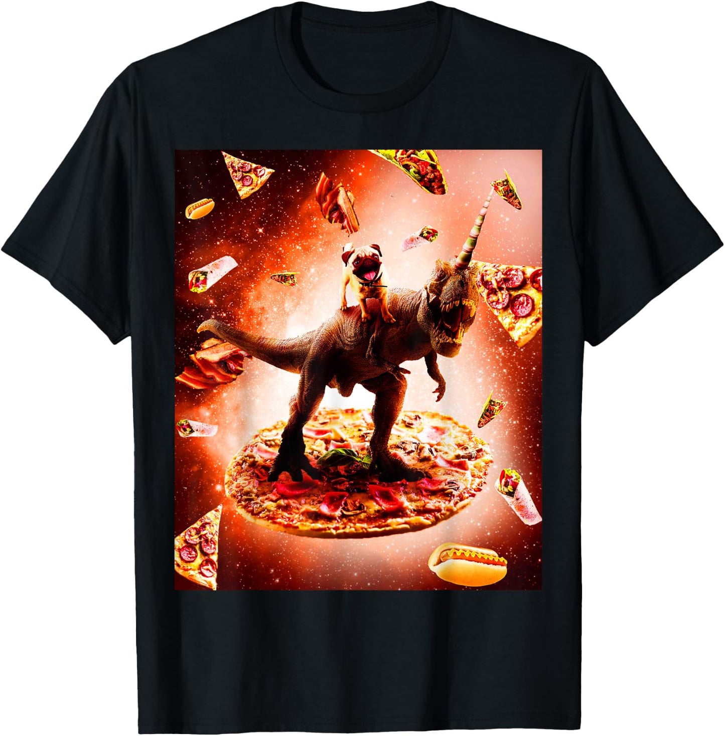 Outer Space Pug Riding Dinosaur Unicorn - Pizza T-Shirt - T-Shirt | Black