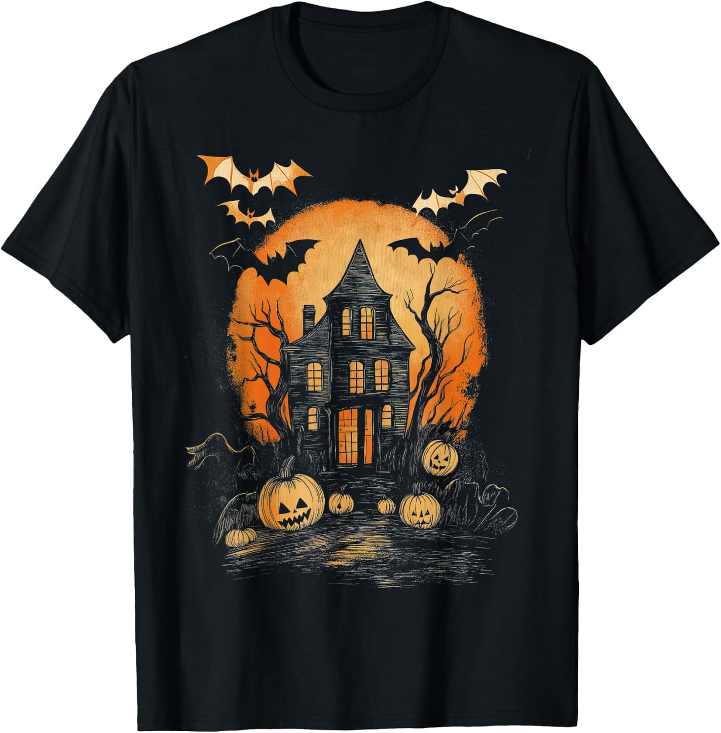 Vintage Spooky Halloween Hunted House Night Casual Graphic T-Shirt - T-Shirt | Black