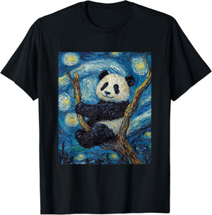 Cute Panda Bear - Van Gogh Style - Starry Night Graphic T-Shirt - T-Shirt | Black