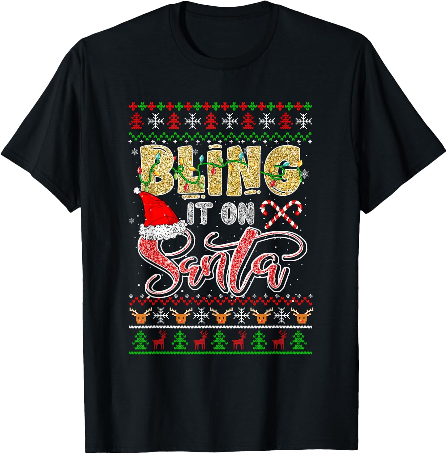 Bling Costume Santa Christmas Decorating Colorful Sweater T-Shirt - T-Shirt | Black