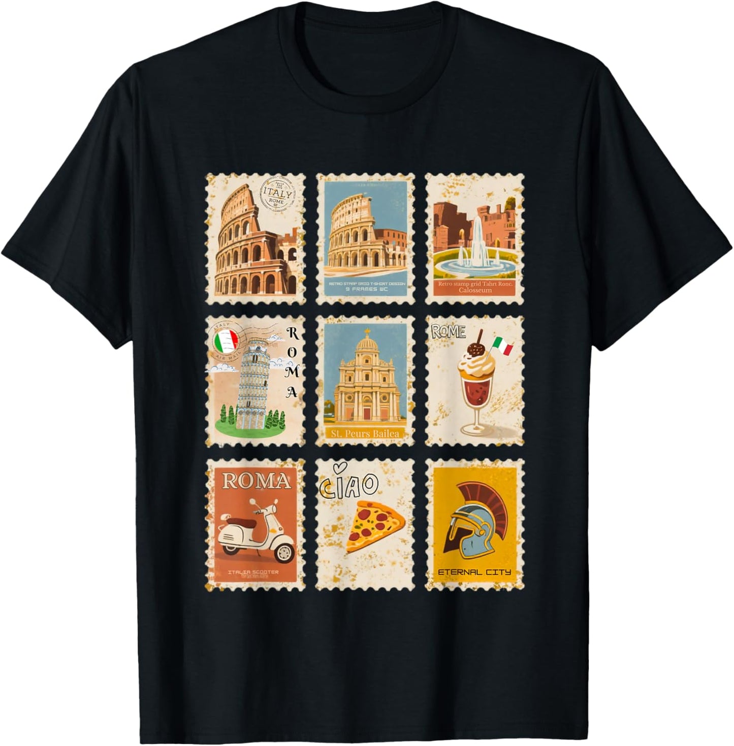 Italian Heritage Rome Landmarks Retro Vintage Stamps T-Shirt - T-Shirt | Black
