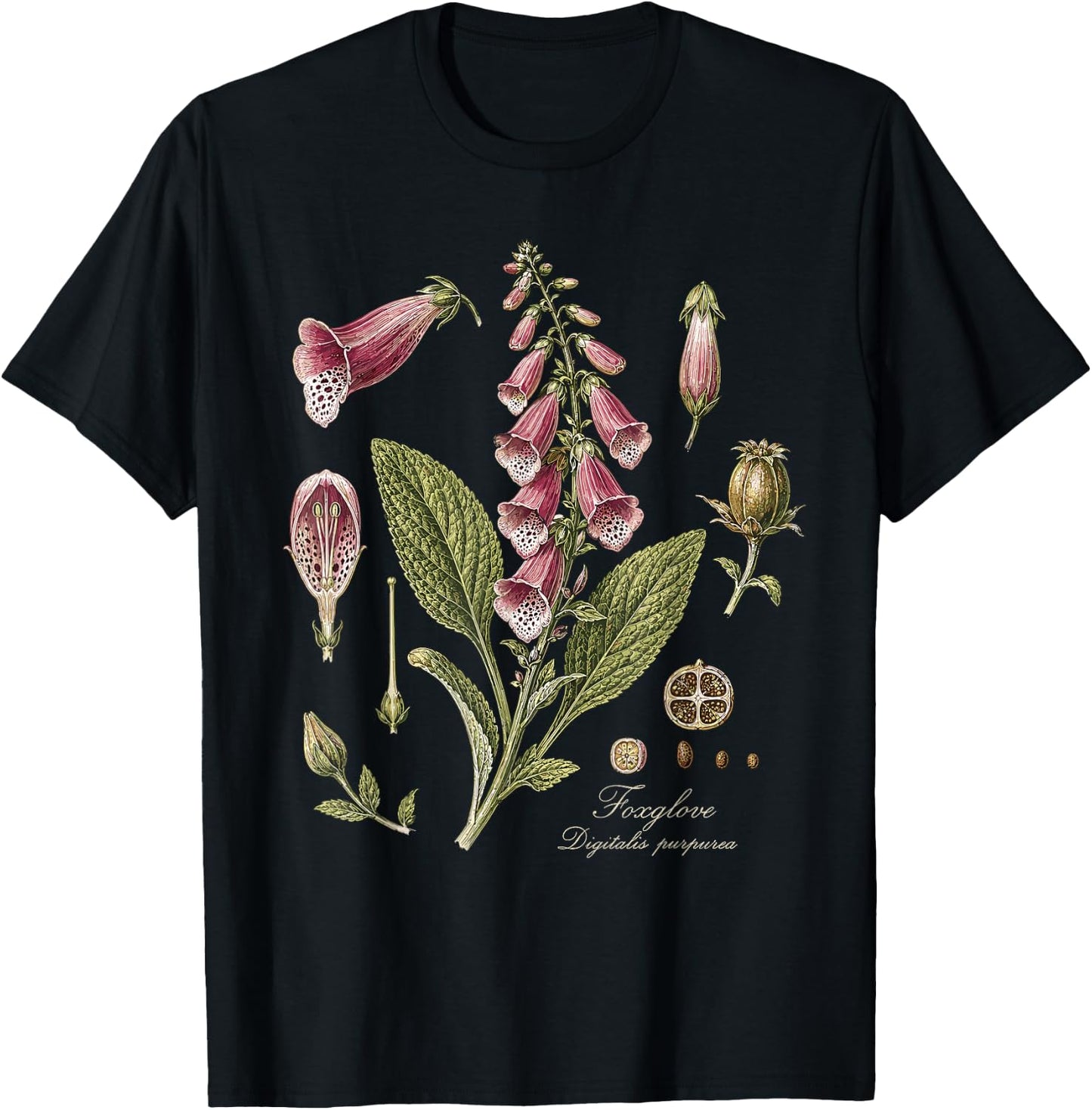 Foxglove Digitalis Purpurea Vintage Botanical T-Shirt - T-Shirt | Black