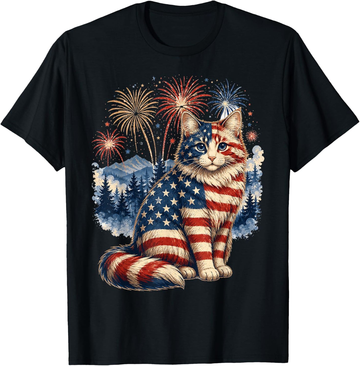 Patriotic Cat Firework 1776 2026 Gifts Women Kids T-Shirt - T-Shirt | Black