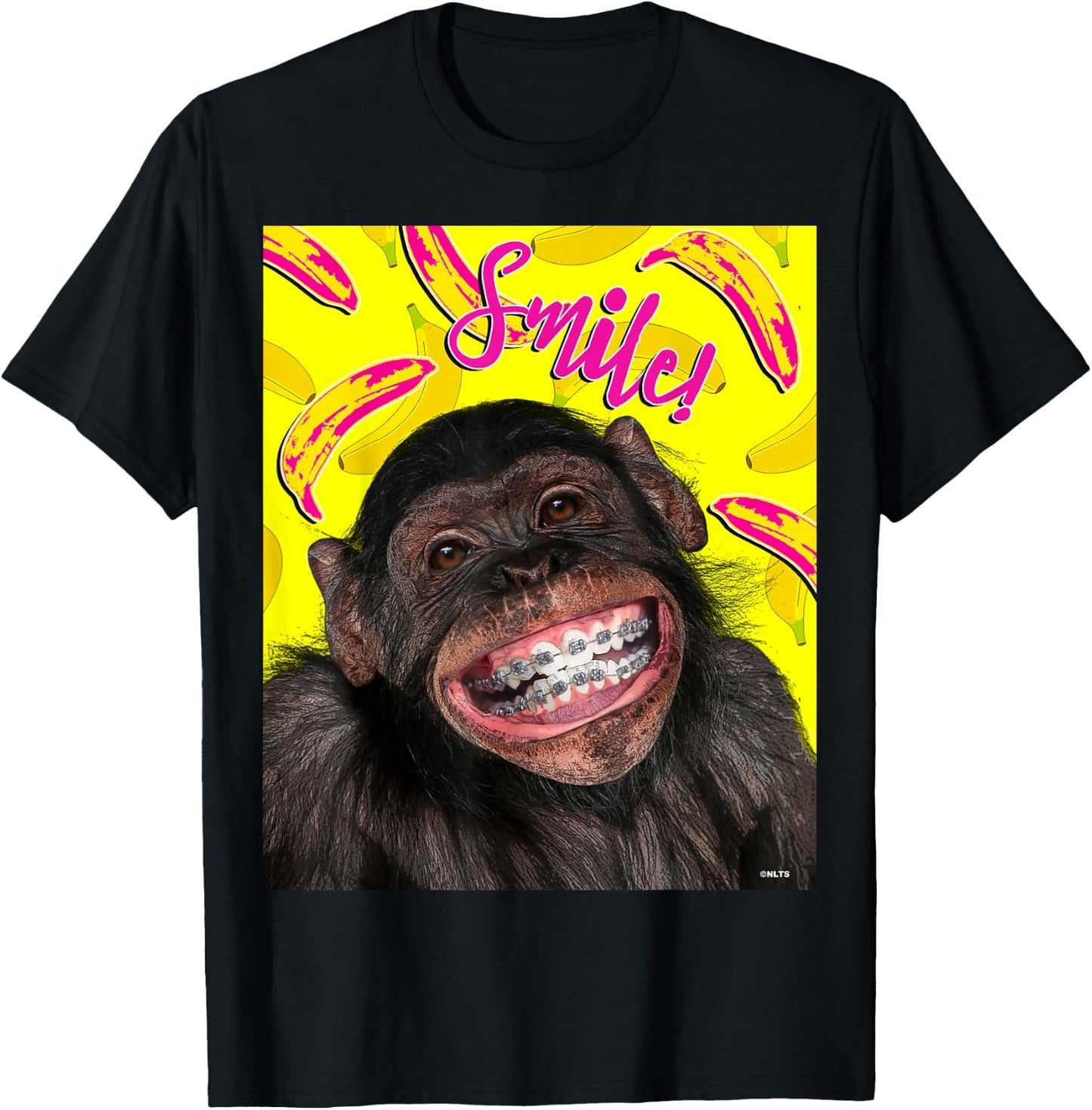 Smile! Smiling chimpanzee with braces Funny Humor T-Shirt - T-Shirt | Black