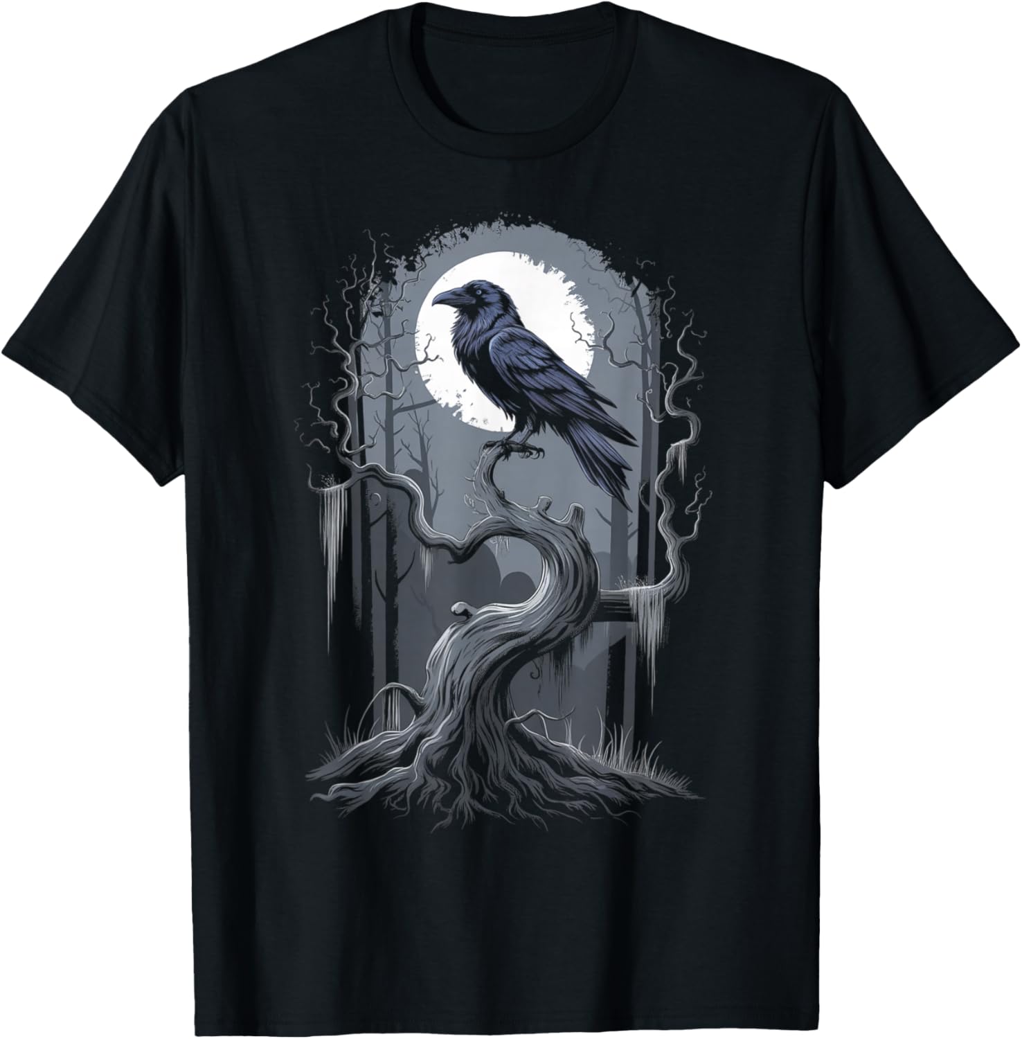 Black Crow Raven Bird Moon Forest T-Shirt - T-Shirt | Black