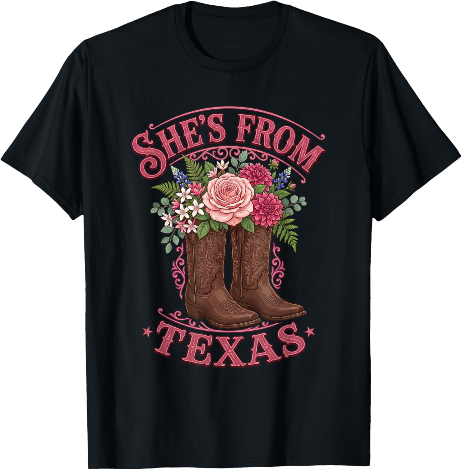 She's from Texas Cowgirl Boots with Flowers T-Shirt - T-Shirt | Black