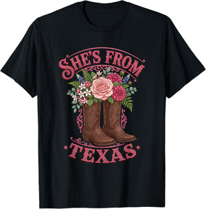 She's from Texas Cowgirl Boots with Flowers T-Shirt - T-Shirt | Black