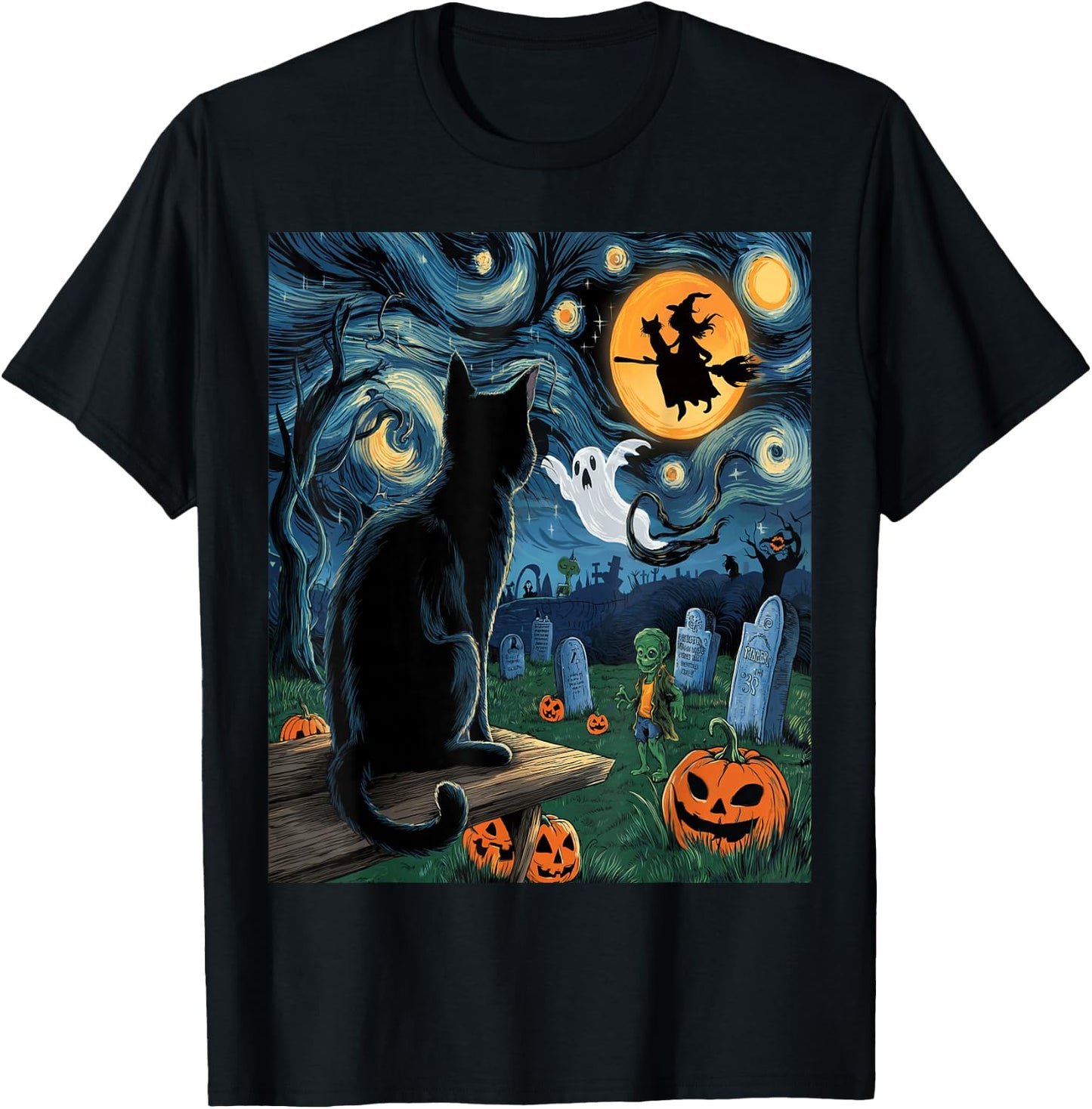 Halloween Van Gogh Starry Night Black Cat Pumpkins Witch T-Shirt - T-Shirt | Black