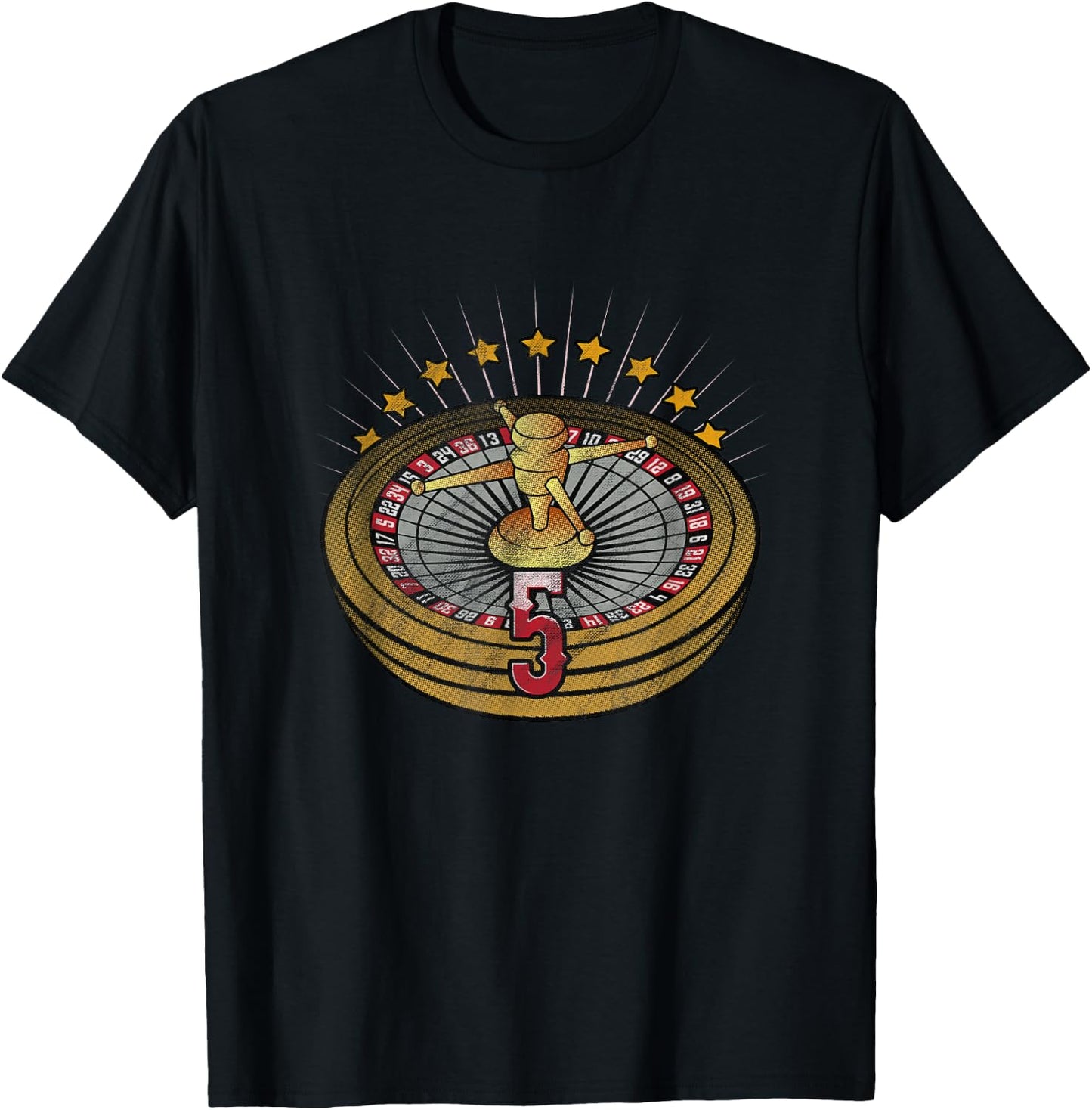 Lucky Number 5 Roulette Wheel Gambling Distressed T-Shirt - T-Shirt | Black