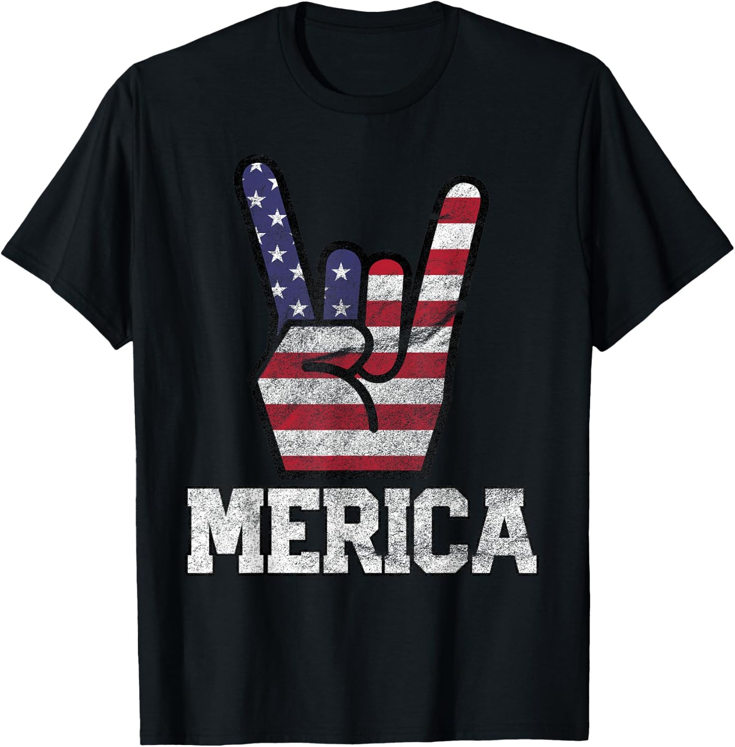 Merica Rock Sign 4th of July Vintage American Flag Retro USA Small T-Shirt - T-Shirt | Black