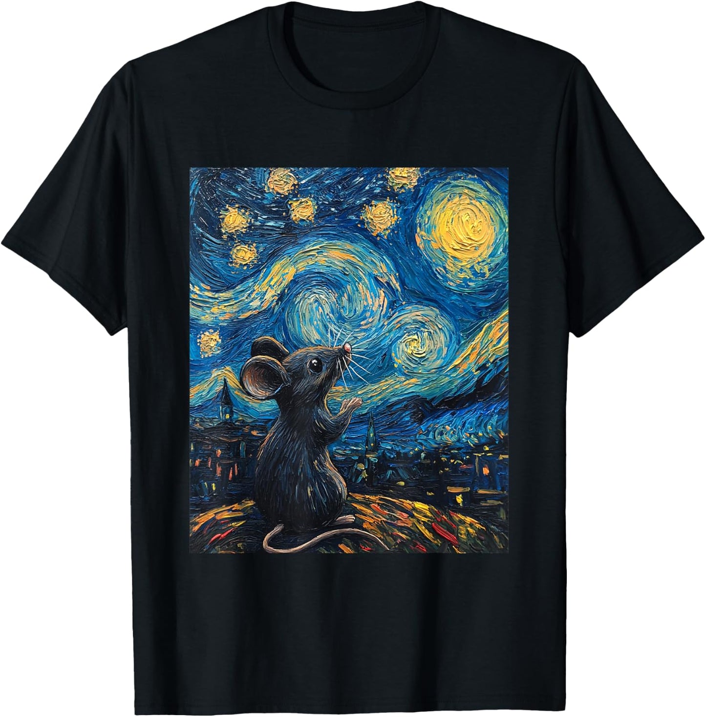 Cute Mouse Rat - Van Gogh Style - Starry Night Graphic T-Shirt - T-Shirt | Black