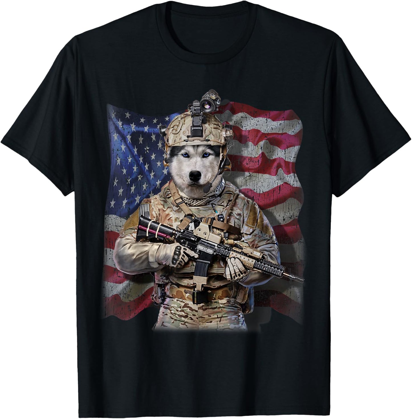 USA Patriot Siberian Husky Dog as Army Commando T-Shirt - T-Shirt | Black