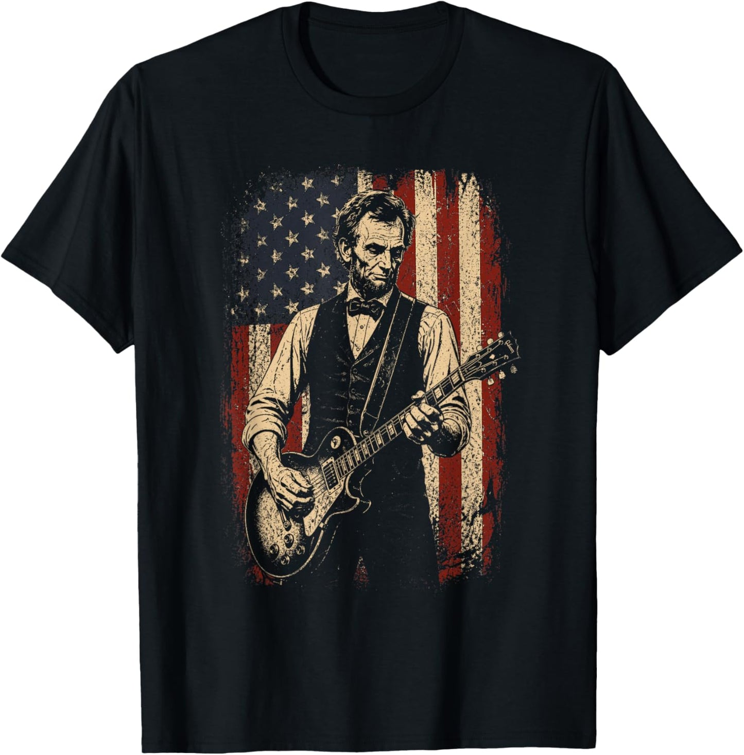 Abraham Lincoln Abe Lincoln Playing Guitar American Flag T-Shirt - T-Shirt | Black