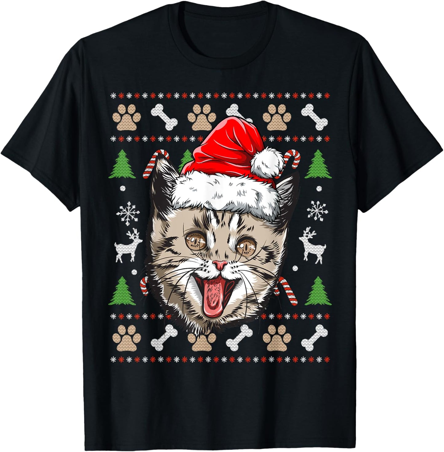 Cat Ugly Christmas Santa Hat Xmas Boys Kids Girls Catmas T-Shirt - T-Shirt | Black