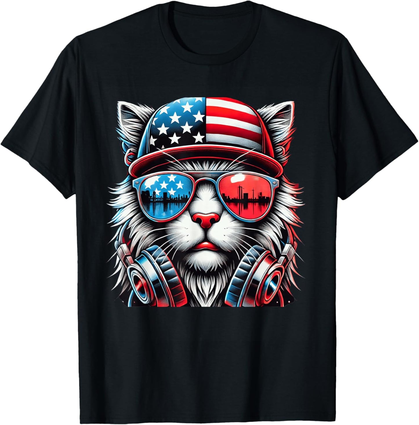 4th of July Cat USA Flag Patriotic Funny Men Boys Kids T-Shirt - T-Shirt | Black