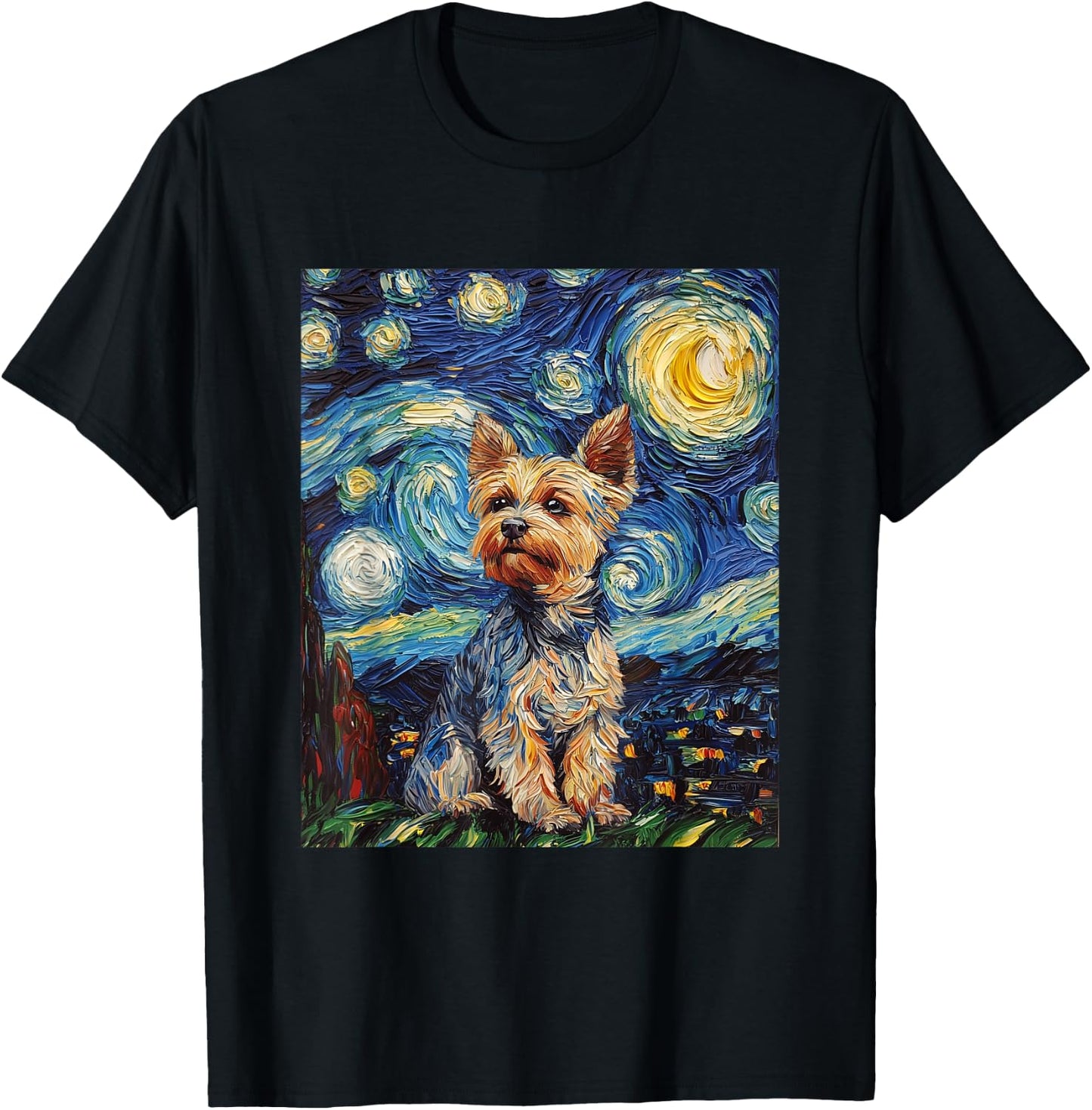 Yorkshire Terrier Yorkie Dog Van Gogh Style Starry Night T-Shirt - T-Shirt | Black