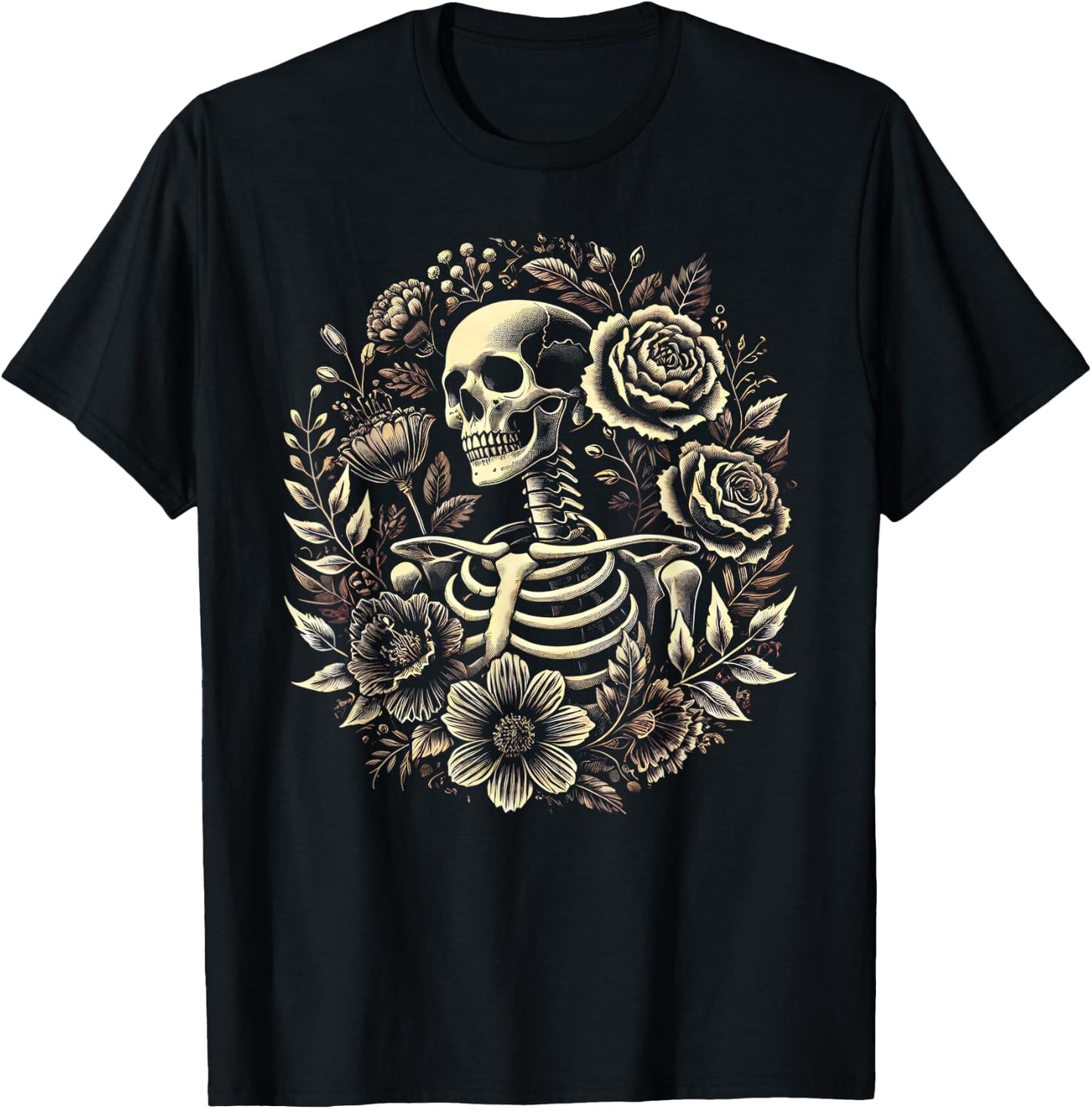 Floral Skeleton Flowers Goth Occult Death Dark Aesthetic T-Shirt - T-Shirt | Black