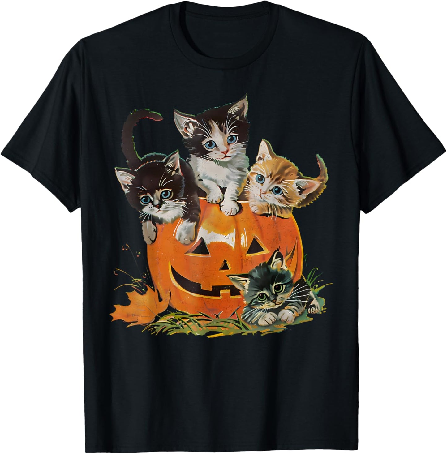 Vintage 90s Cat Pumpkin Halloween Retro Floral Spooky Season T-Shirt - T-Shirt | Black