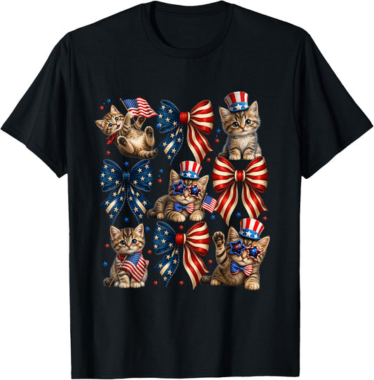 Patriotic Cat USA Flag Bow Independence Day Fourth of July T-Shirt - T-Shirt | Black