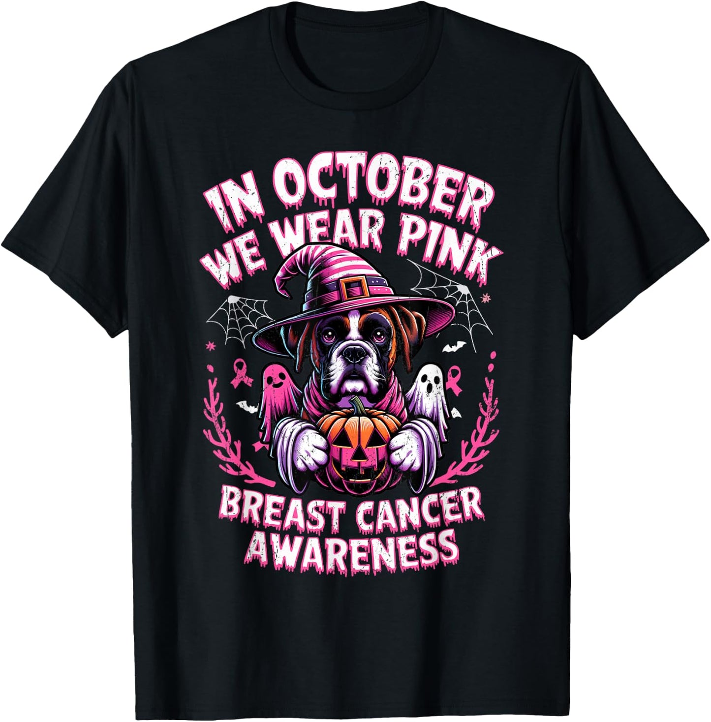 In October We Wear Pink Ghost Boxer Dog Breast Cancer Women Girls Kids T-Shirt - T-Shirt | Black