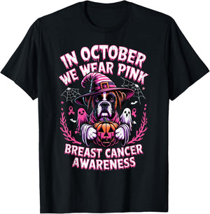 In October We Wear Pink Ghost Boxer Dog Breast Cancer Women Girls Kids T-Shirt - T-Shirt | Black