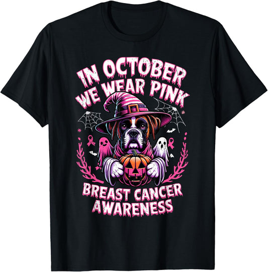 In October We Wear Pink Ghost Boxer Dog Breast Cancer Women Girls Kids T-Shirt - T-Shirt | Black