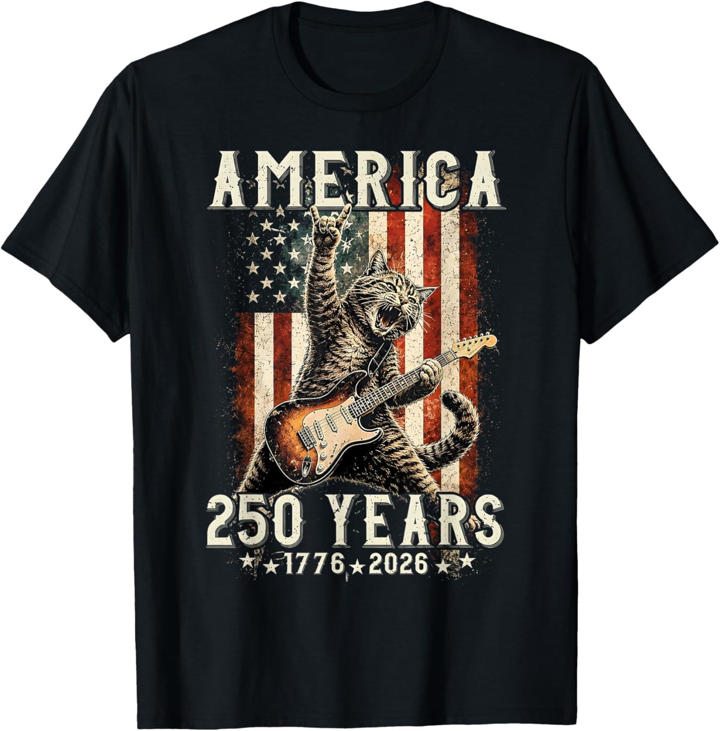 Retro Cat Playing Guitar Rock Star 250 Years Women T-Shirt - T-Shirt | Black