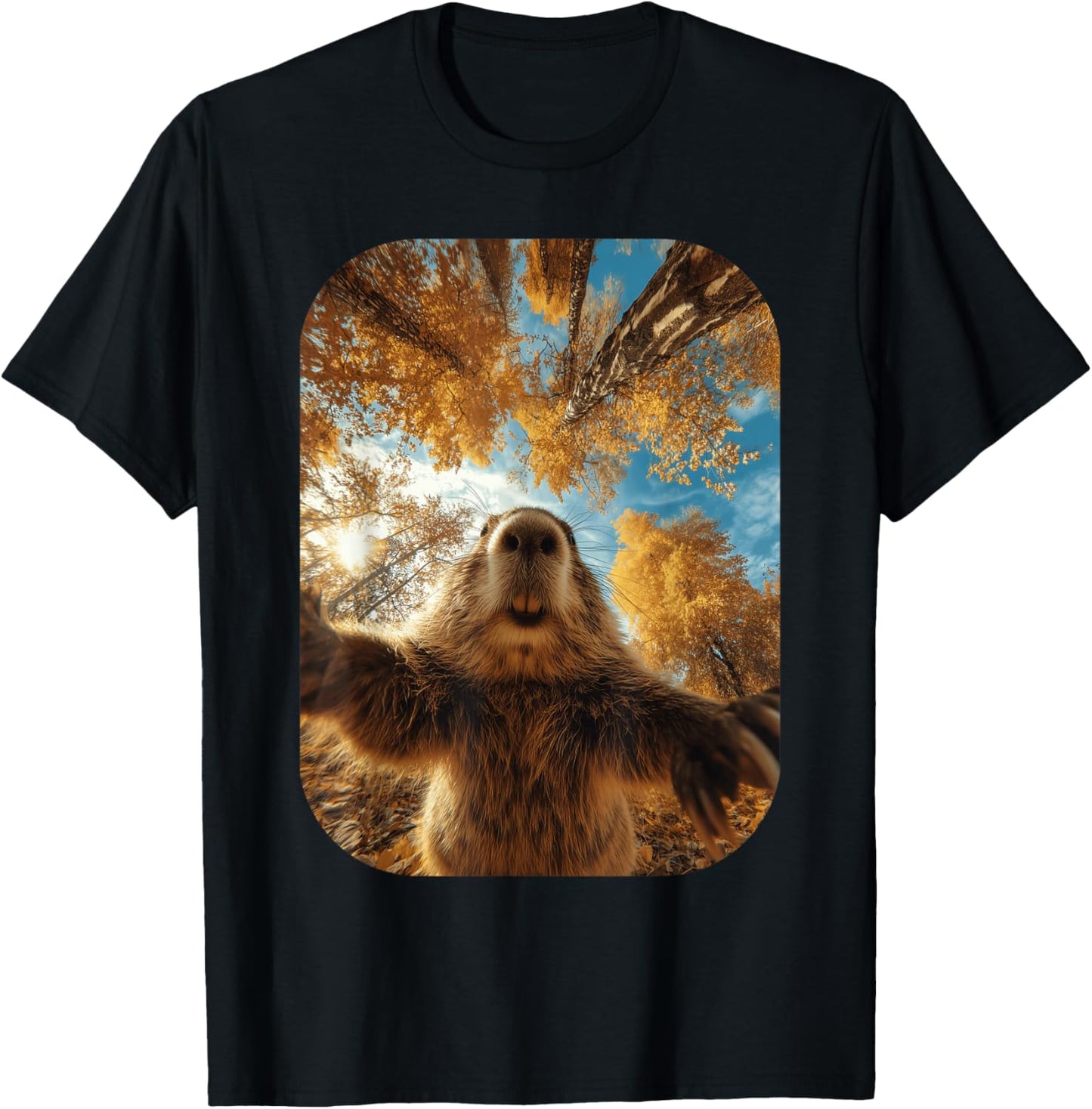 Cute Beaver Selfie Fall Leaves Forest Autumn Animal Graphic T-Shirt - T-Shirt | Black