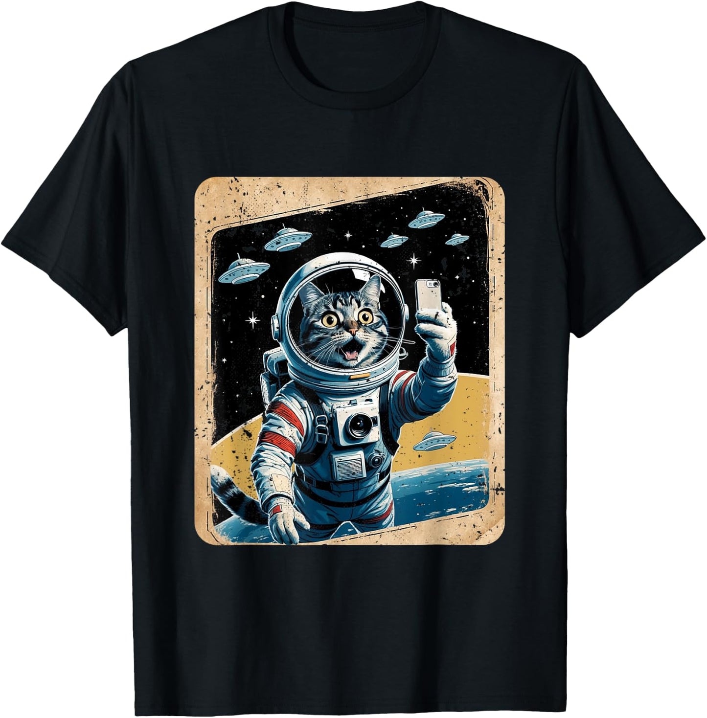 Space Cat Astronaut UFO Funny Sci-fi Alien Selfie T-Shirt - T-Shirt | Black