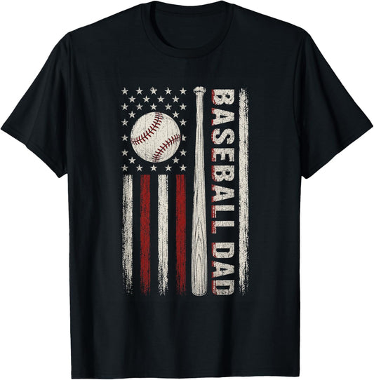 Baseball Dad American Flag Patriotic Game Day USA Flag T-Shirt - T-Shirt | Black