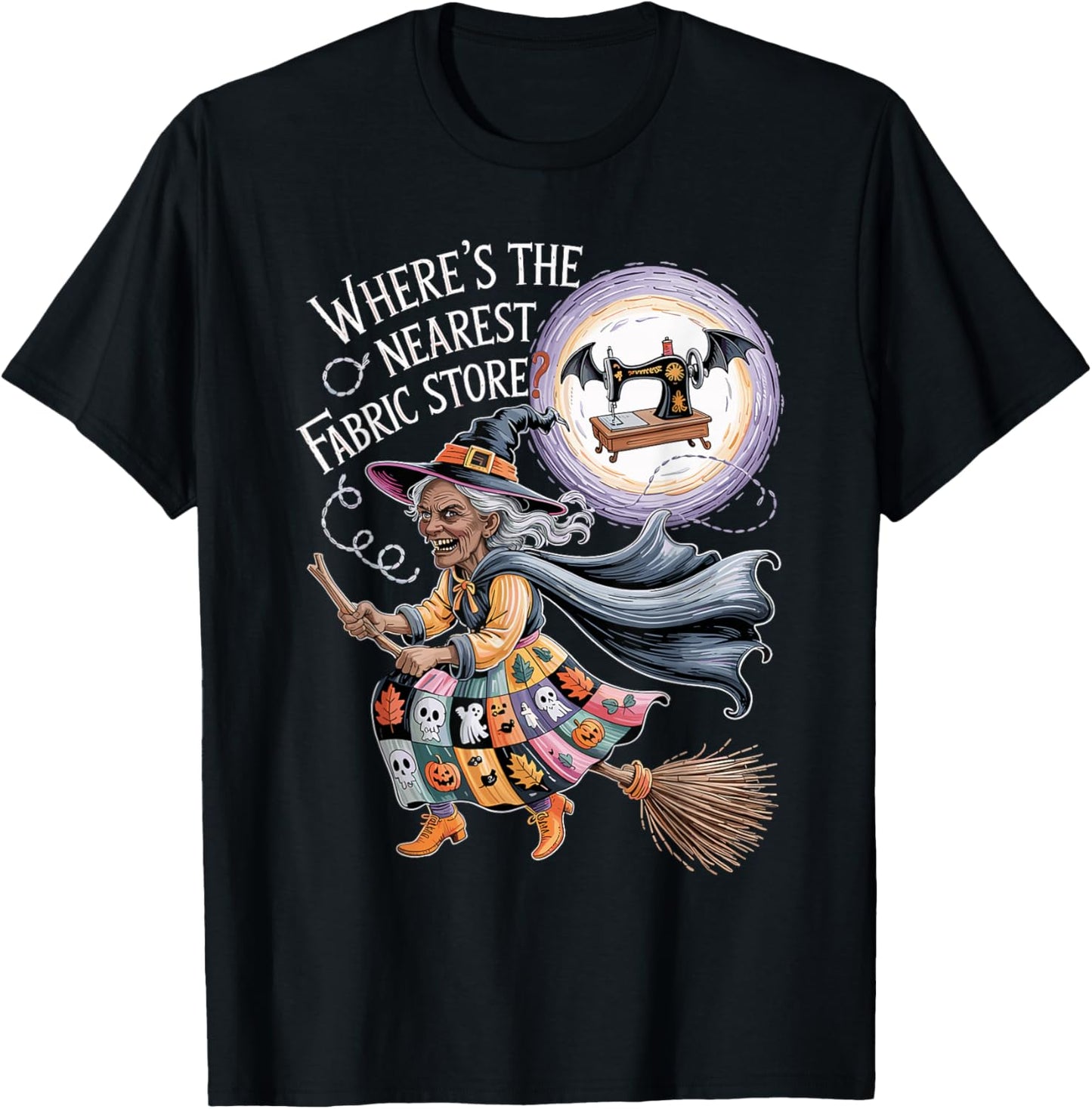 Funny Halloween Witch Sewing and Fabric Lover Quilt Design T-Shirt - T-Shirt | Black