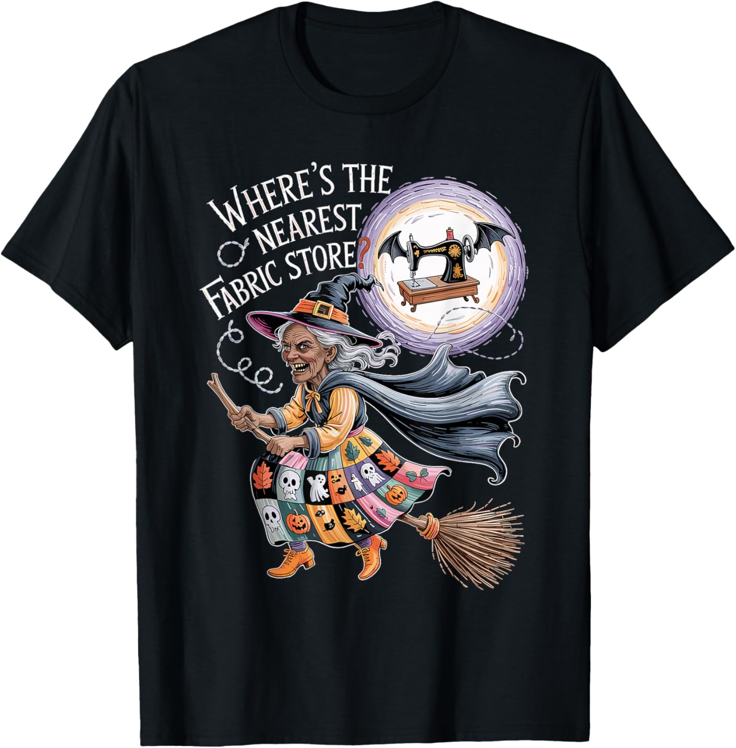 Funny Halloween Witch Sewing and Fabric Lover Quilt Design T-Shirt - T-Shirt | Black
