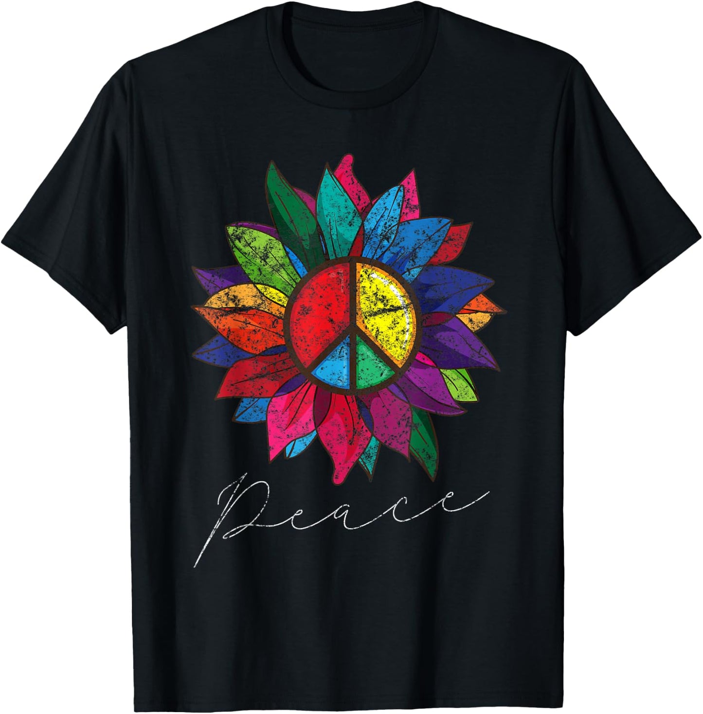 Sunflower Flower Distressed Rainbow Peace Sign 70s T-Shirt - T-Shirt | Black
