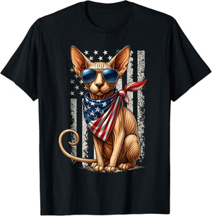 Patriotic Hairless Sphynx Cat American Flag 4th of July T-Shirt - T-Shirt | Black