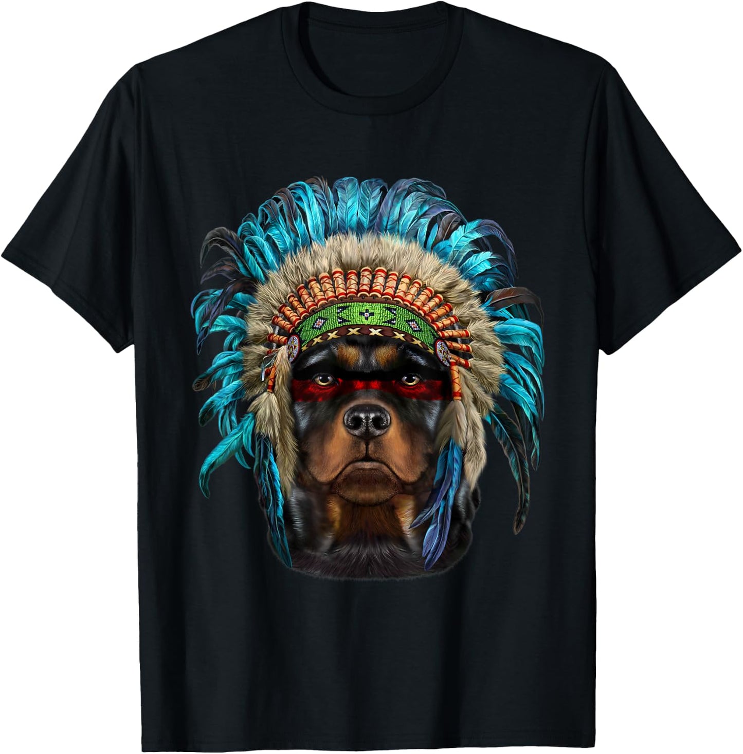 Rottweiler Dog wearing Native American Indian Headdress Men Women Kids T-Shirt - T-Shirt | Black
