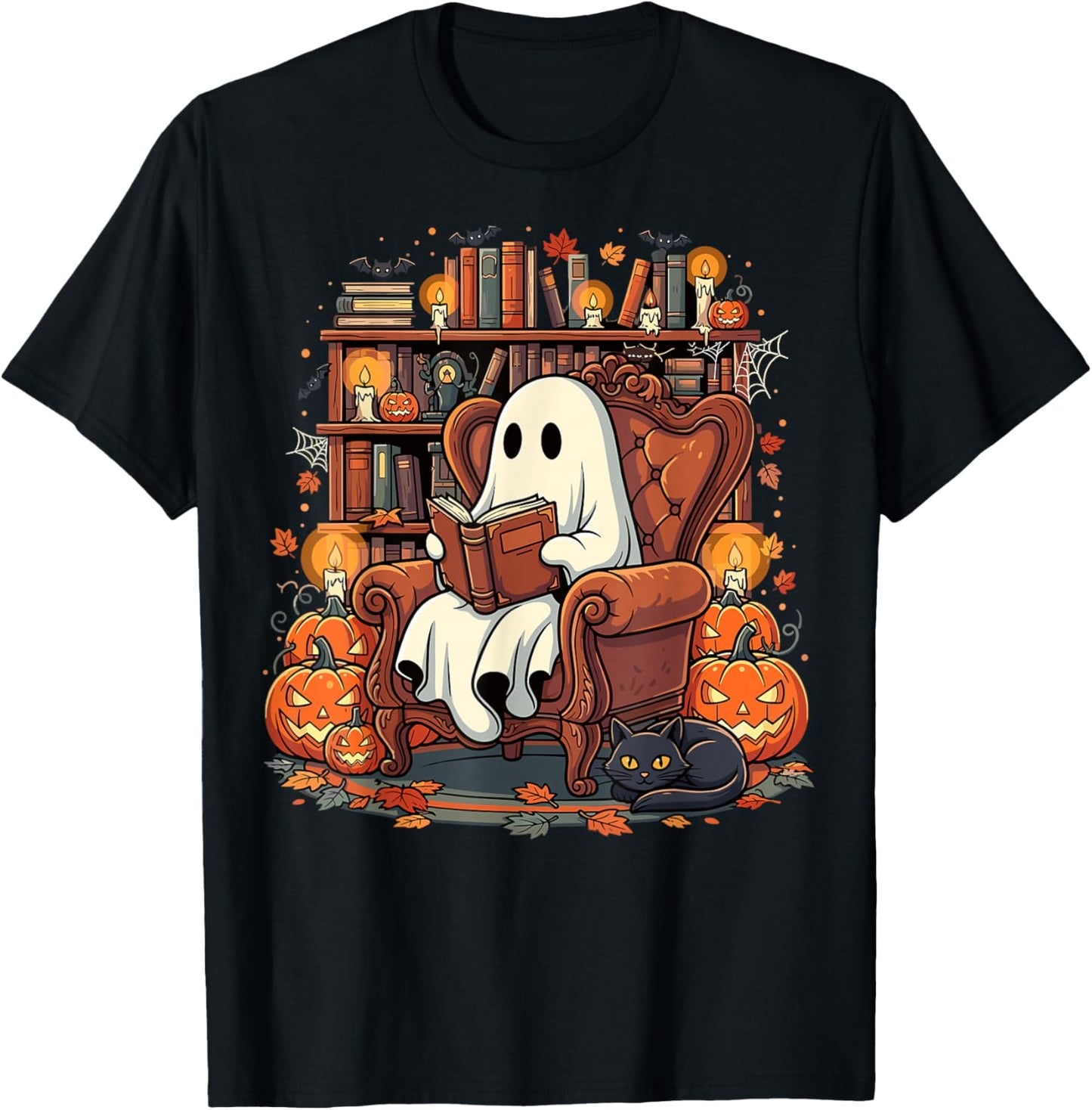 Halloween Ghost Reading Books Pumpkin Black Cat Library T-Shirt - T-Shirt | Black