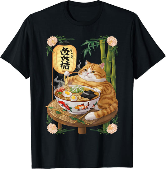 Anime Cat Funny Fat Ramen Eating Cat T-Shirt - T-Shirt | Black