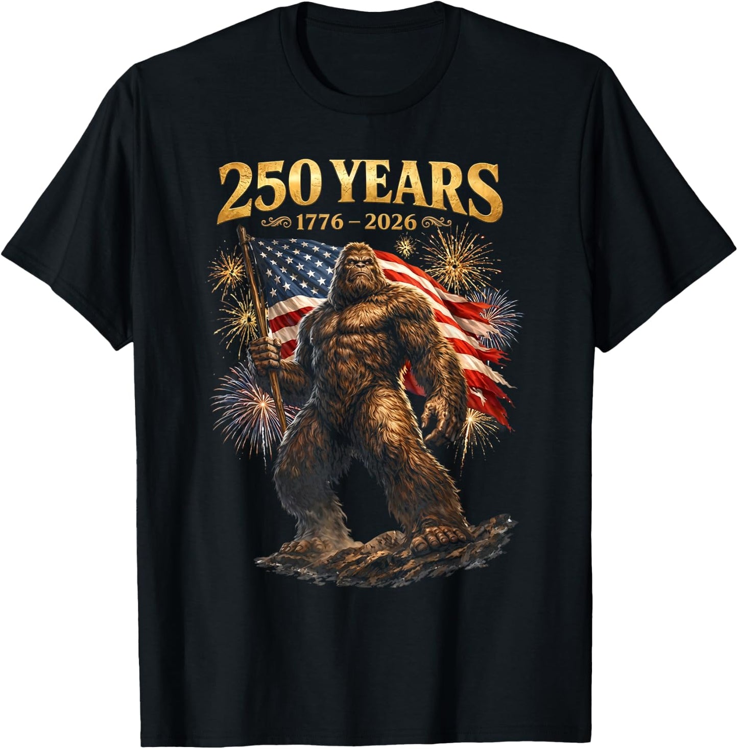 250 Years of America Bigfoot Patriotic USA American Flag T-Shirt - T-Shirt | Black
