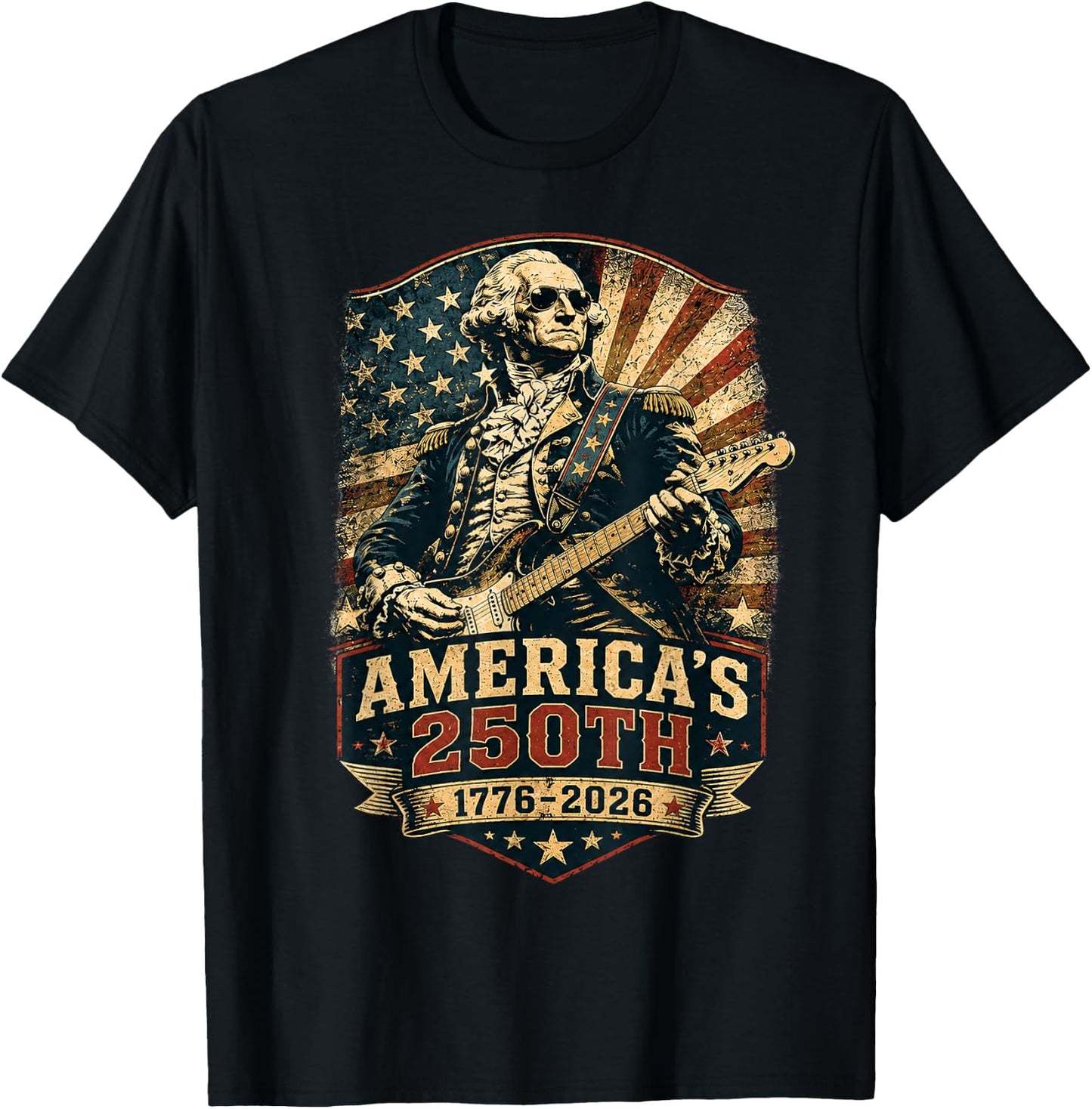 250th Anniversary America George Washington Playing Guitar T-Shirt - T-Shirt | Black