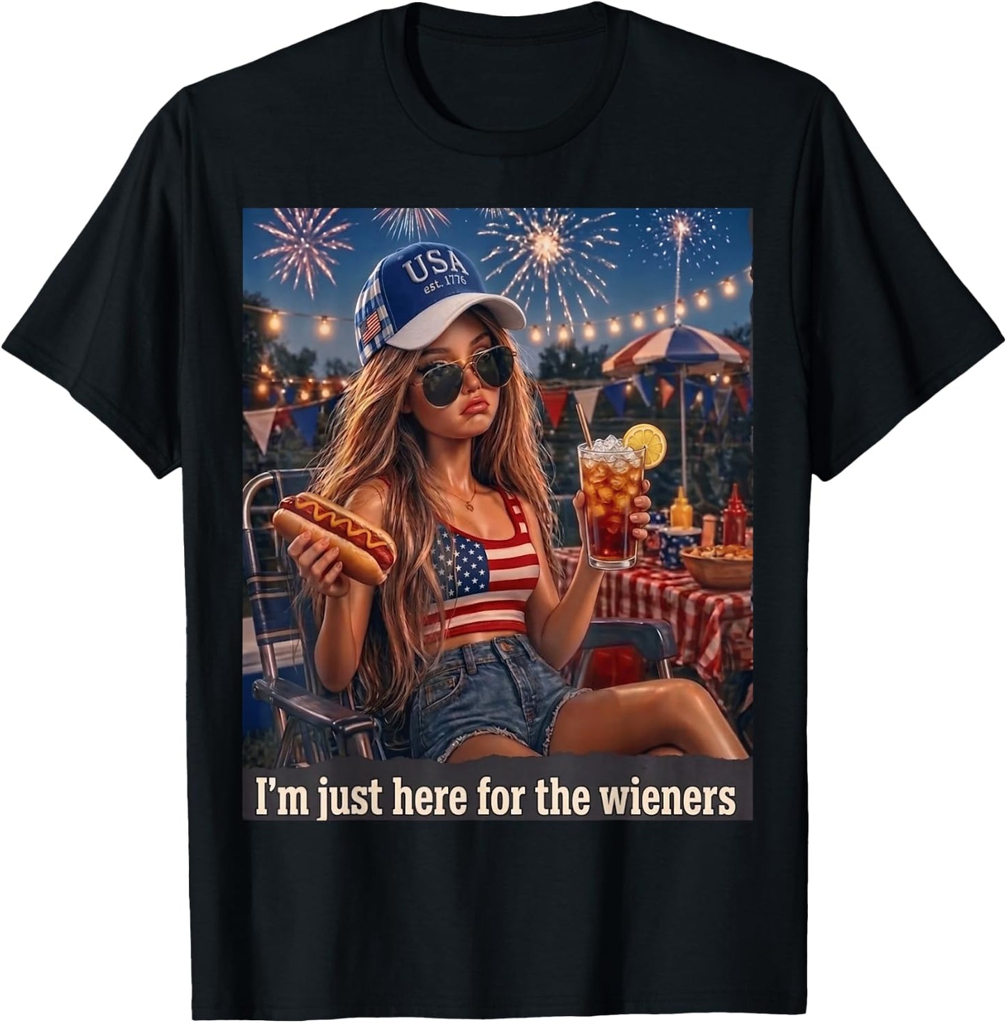 Funny Doll Face I'm Just Here for The Wieners Sarcastic T-Shirt - T-Shirt | Black